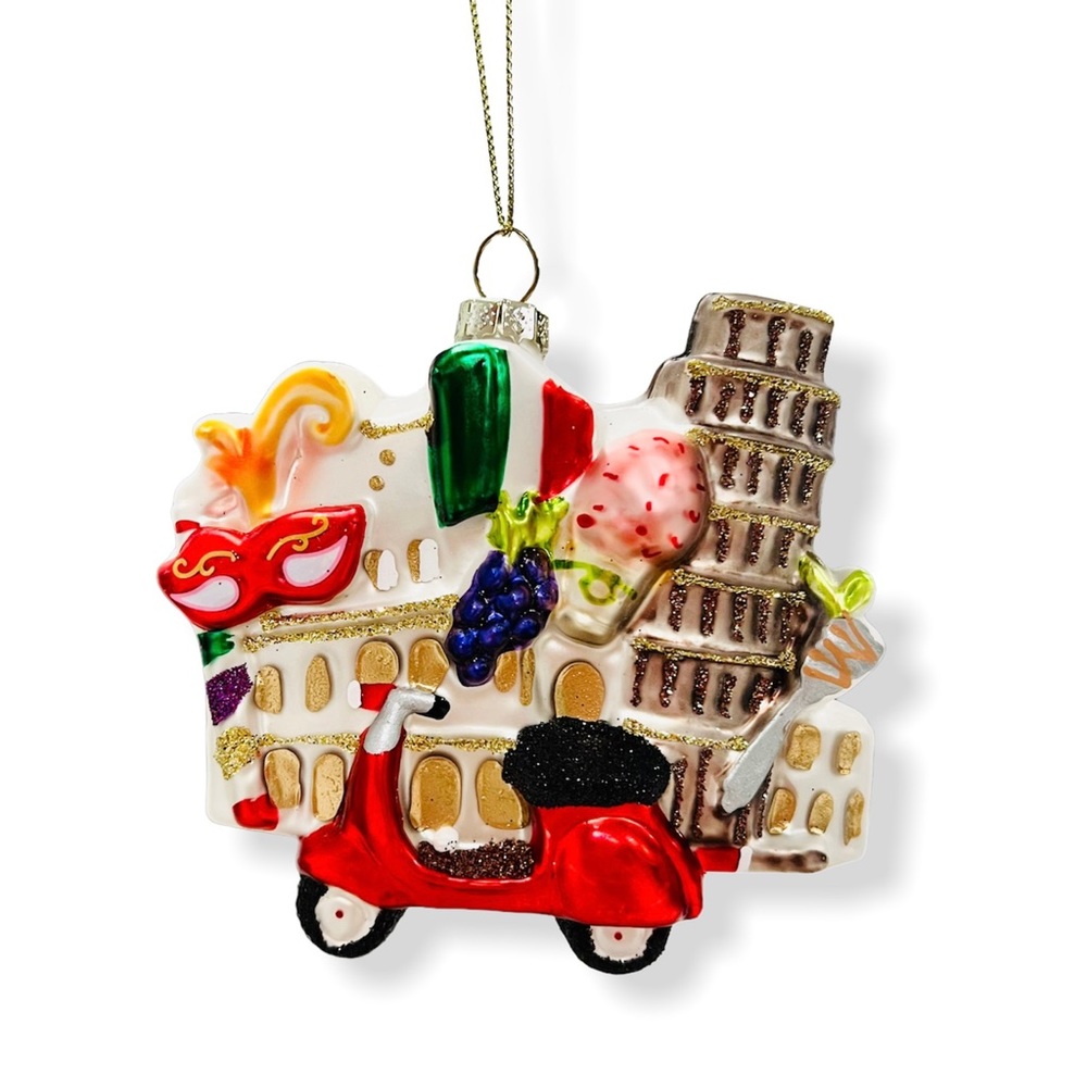 A colorful collage of the flavors and flair of Italy Glass Ornament